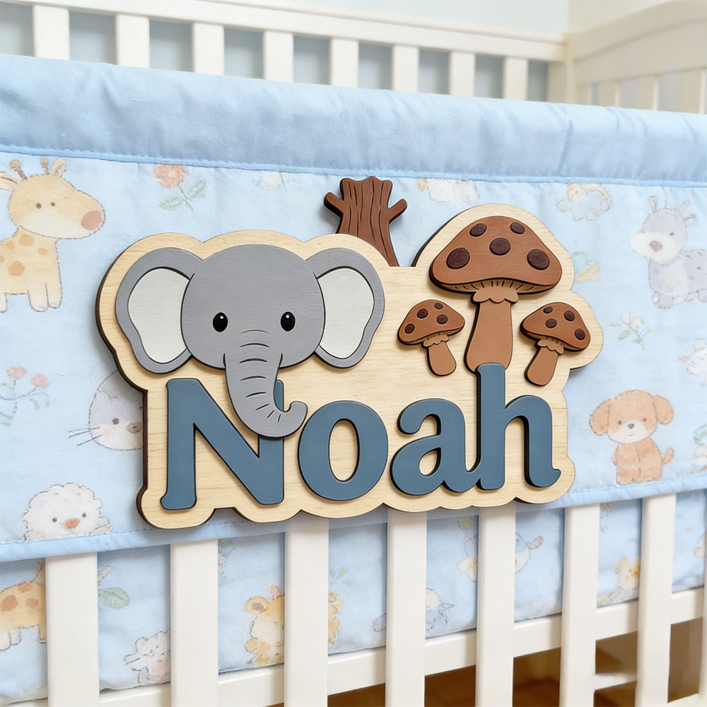 Baby Nursery Elephant Theme - Customizable Cartoon Elephant & Mushroom Name