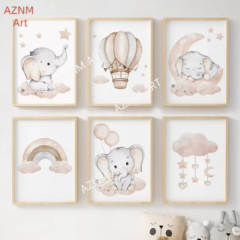 Baby Nursery Fabric - Elephant Balloon Rainbow Moon Stars Cloud
