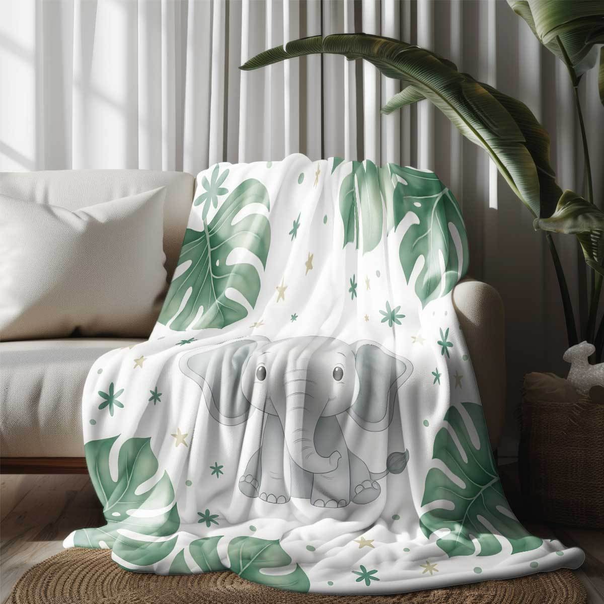 Baby Nursery Elephant Theme - Cute Elephant and Monstera Leaf Blanket