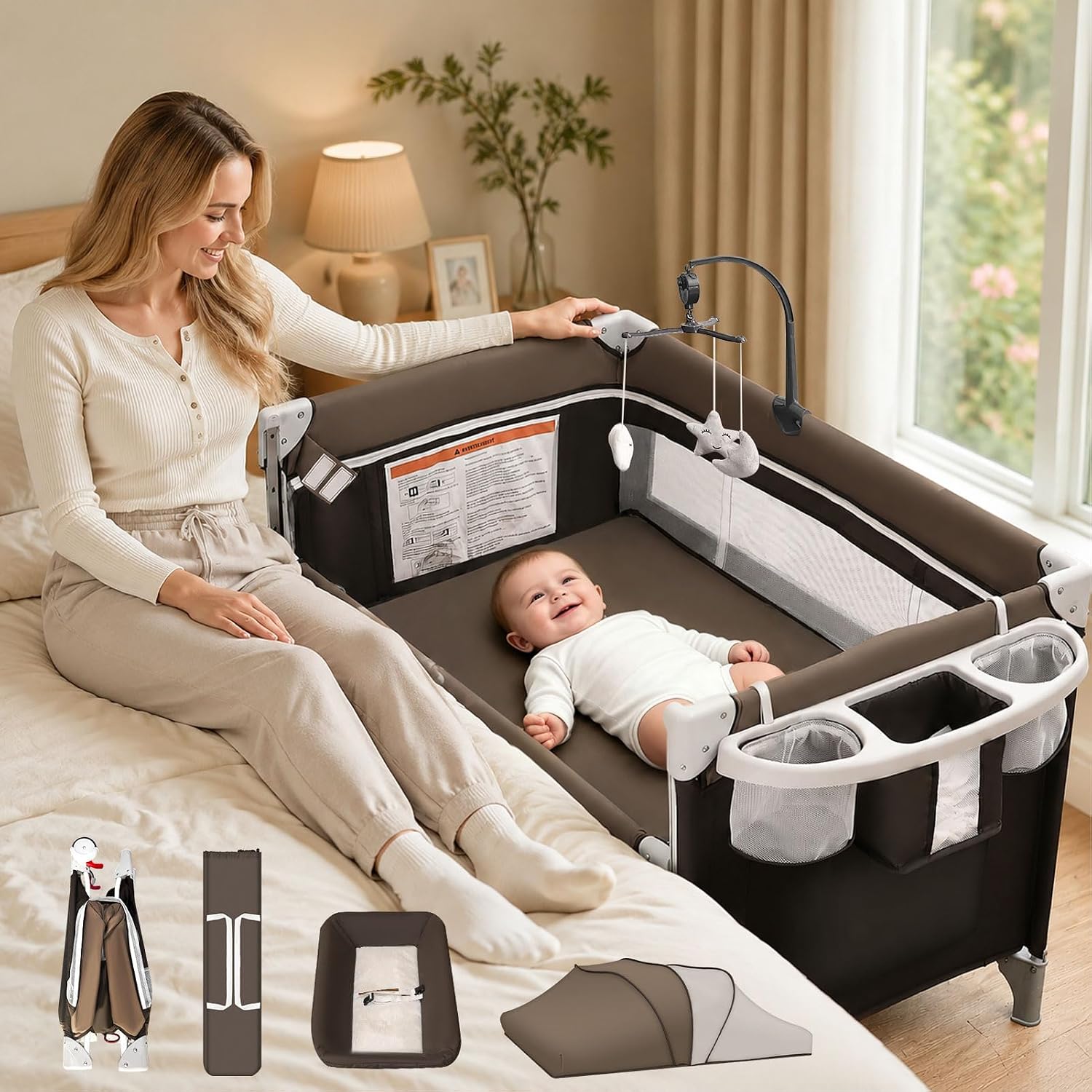 Bassinet Bedside Sleeper - 5-in-1 Baby Bassinet Bedside Sleeper, Foldable