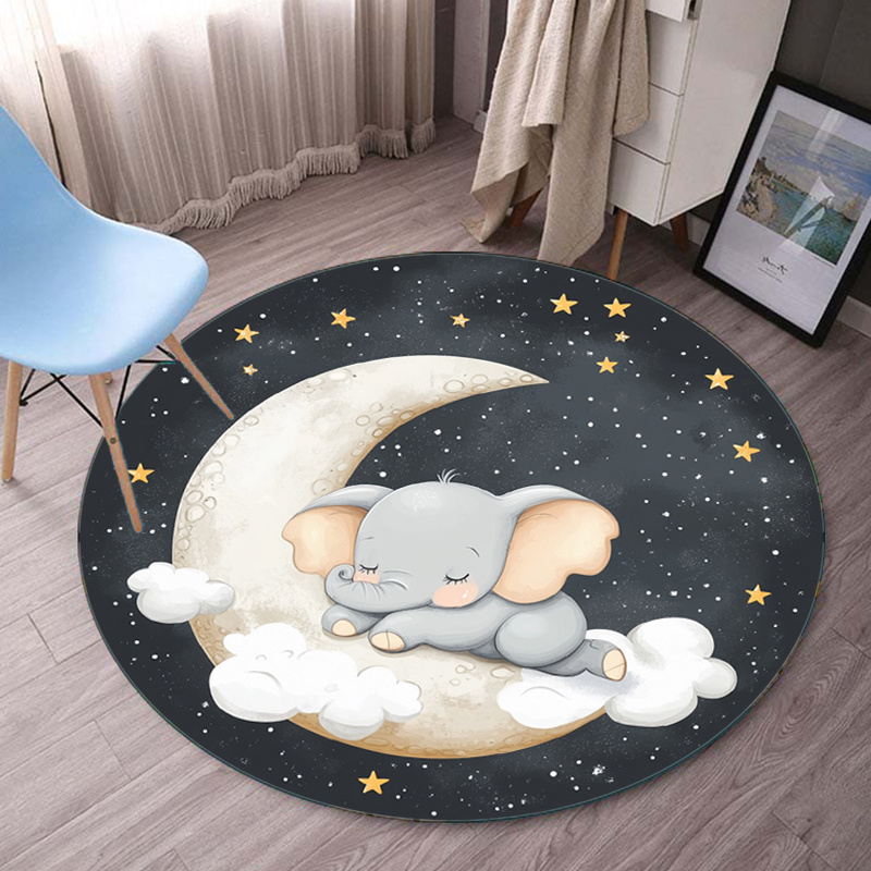 Baby Nursery Elephant Theme - Cute Elephant Moon Stars Round Rug