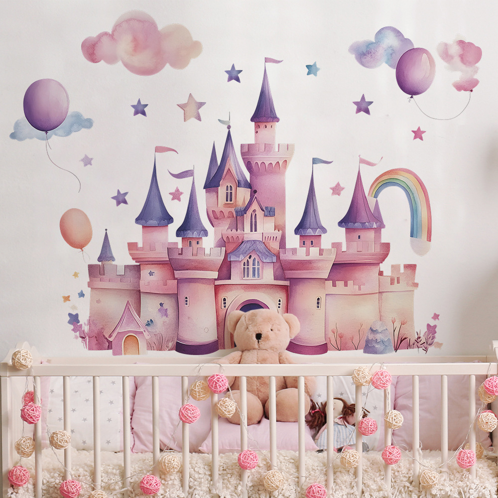 Baby Nursery Wall Mural - Pink Castle Wall Stickers Clouds Stars