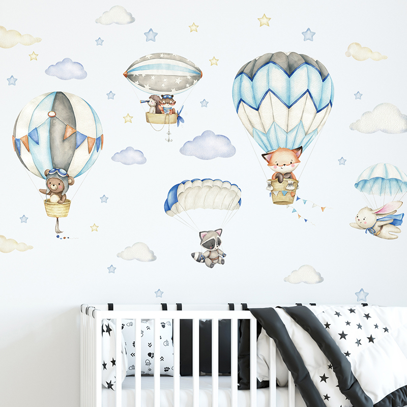 Baby Nursery Wall Mural - Cartoon Cute Animals Hot Air Balloon