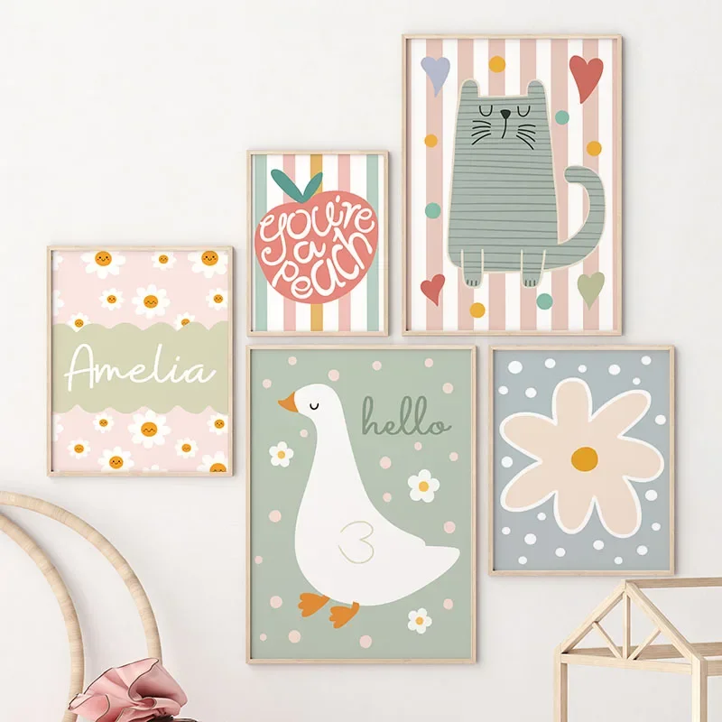 Baby Nursery Wall - Cartoon Cat Duck Bird Apple Custom