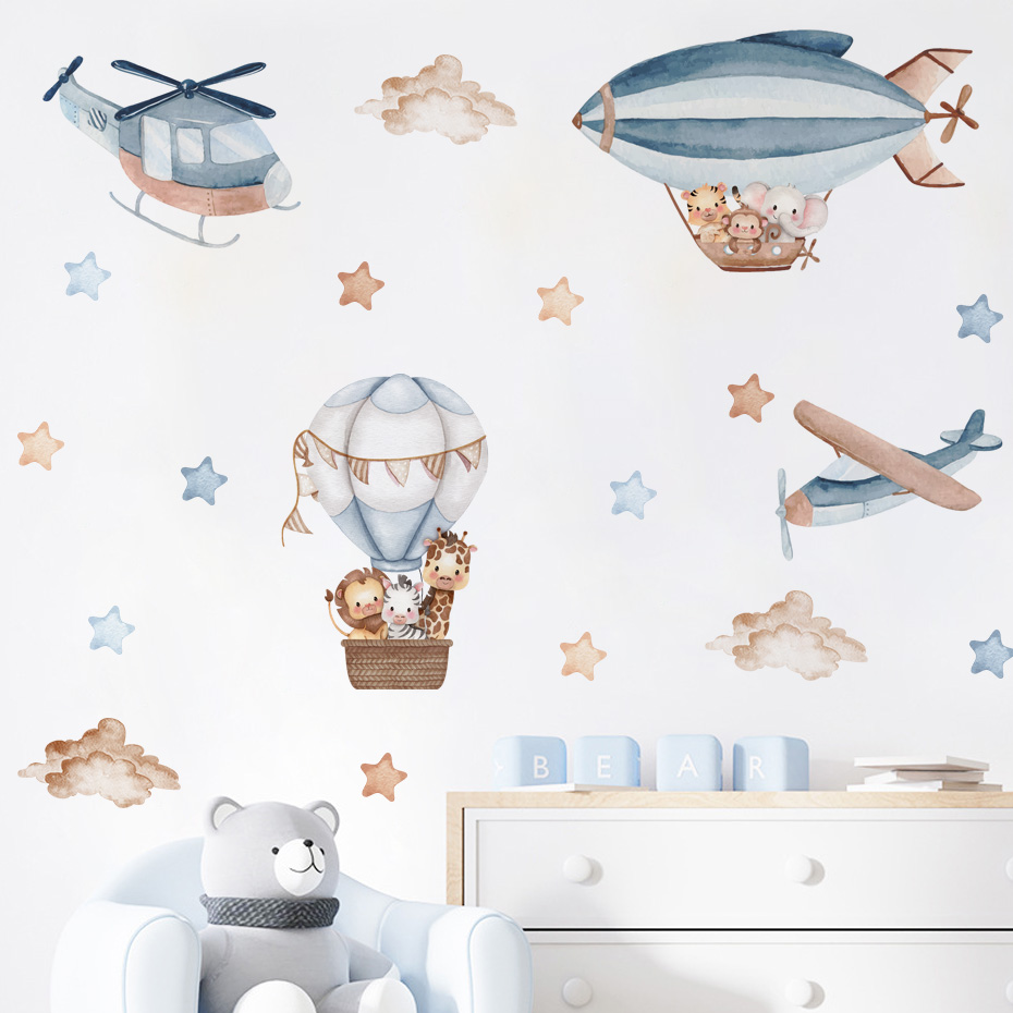 Baby Nursery Wall Mural - Watercolor Animals Hot Air Balloon Clouds