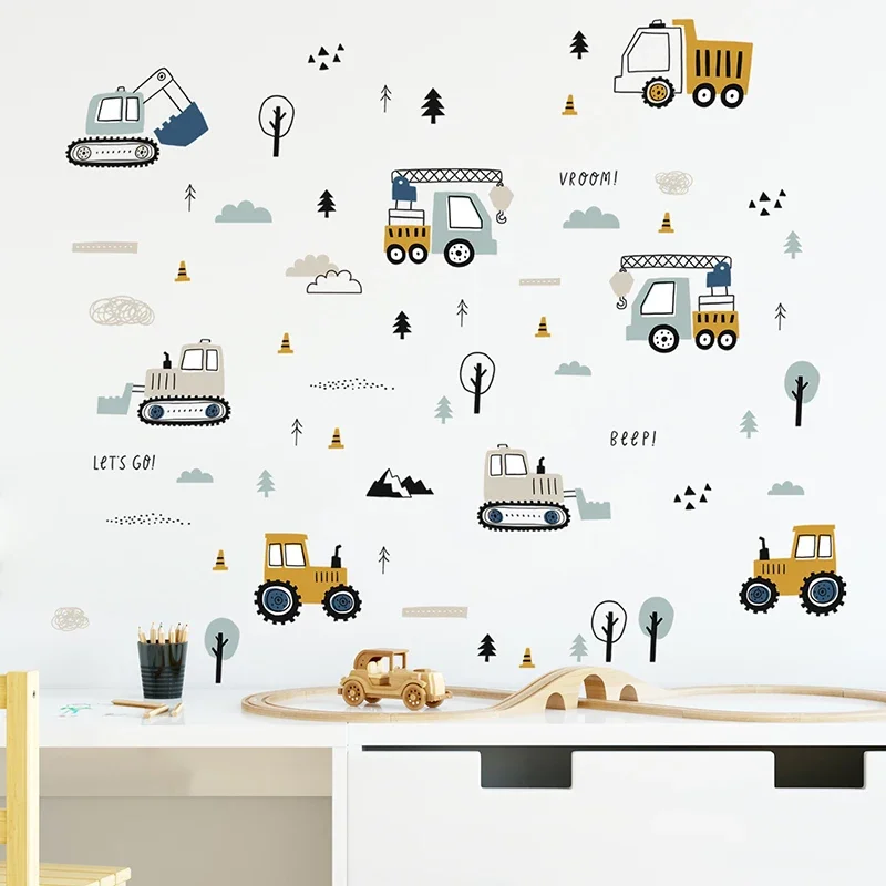 Baby Nursery Wall Mural - Hand Drawn Cute Cars Cargo Truck