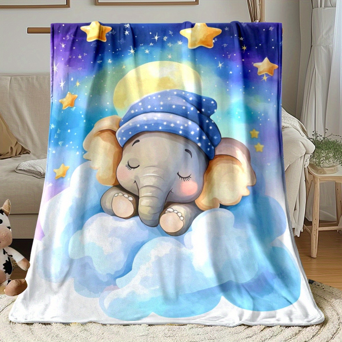 Baby Nursery Elephant Theme - Sleeping Baby Elephant Cloud Star Night
