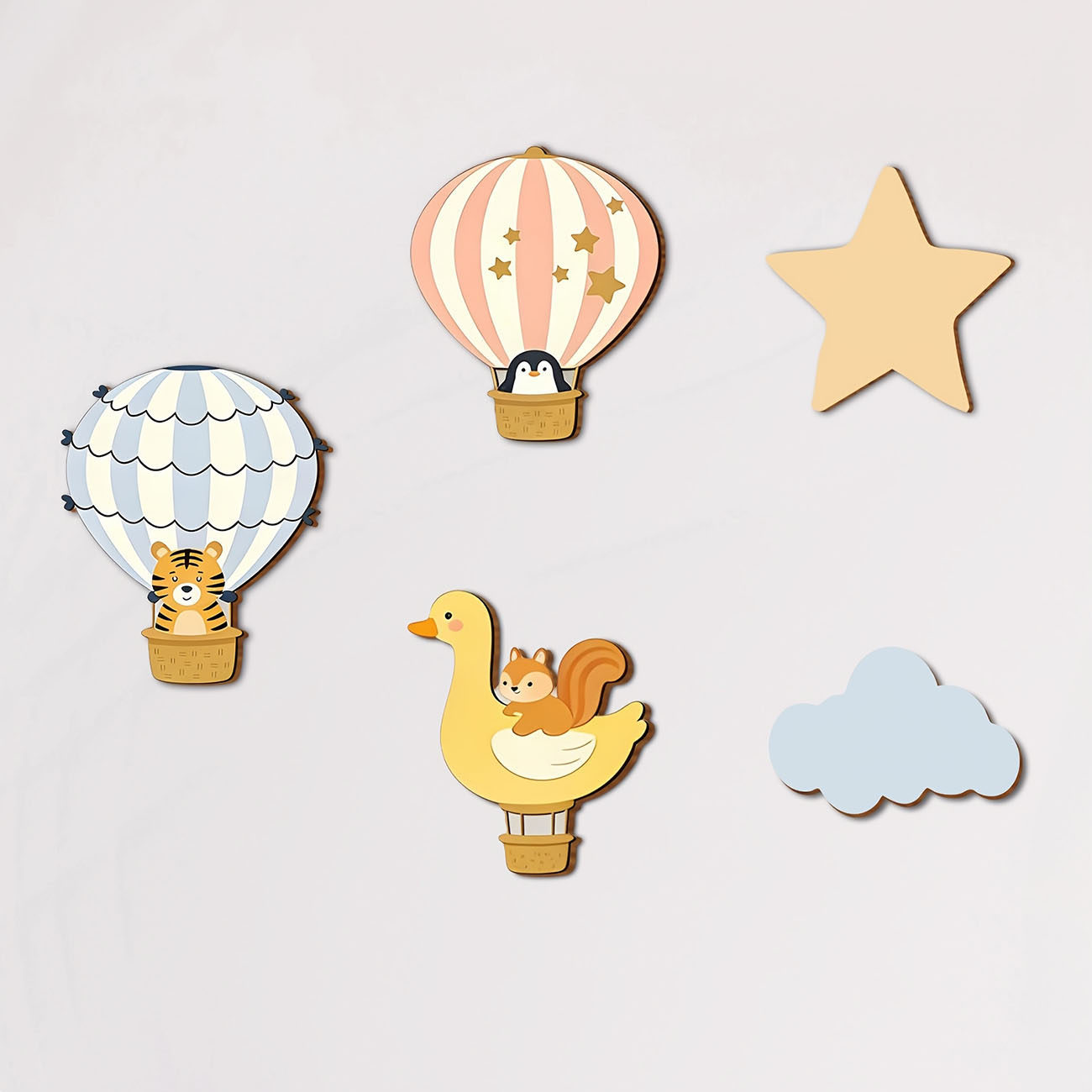 Baby Nursery Wall Mural - 5Pcs Animal Hot Air Balloon Wooden