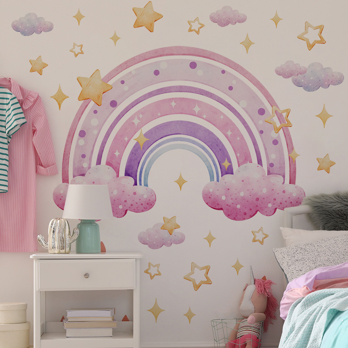 Colorful Rainbow Stars Cloud W - Baby Nursery Wall Mural ulasan dan harga
