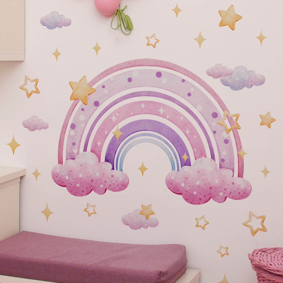 Colorful Rainbow Stars Cloud W - Baby Nursery Wall Mural ulasan dan harga