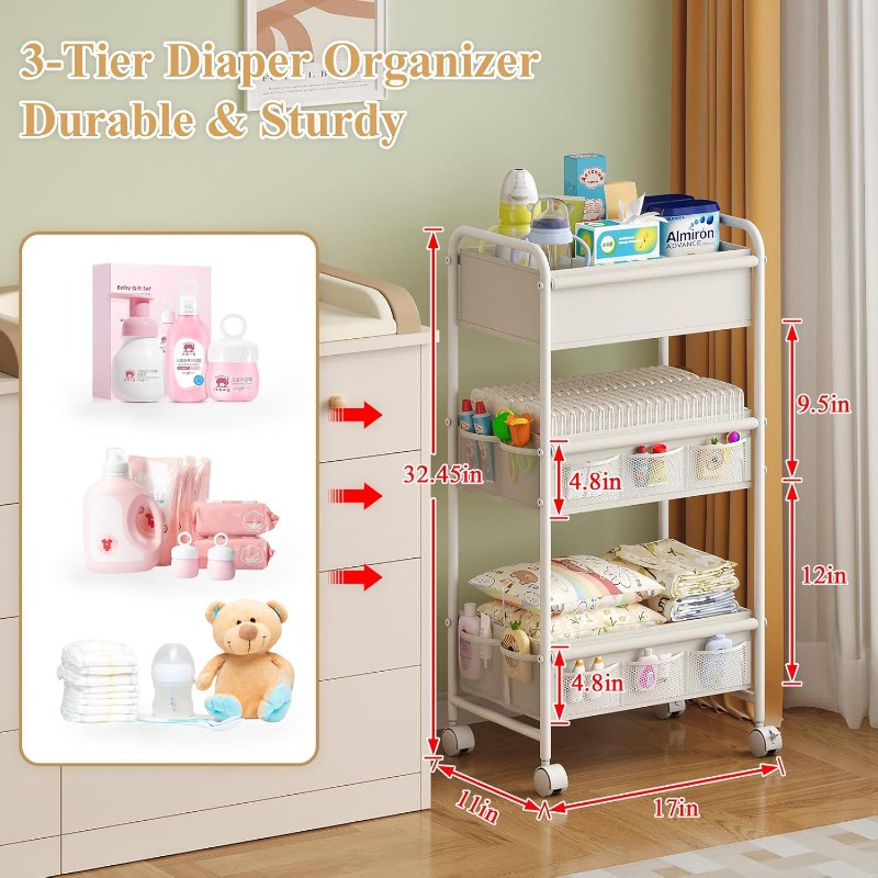 3-Tier Rolling Diaper Cart, Mu - Baby Nursery Cart ulasan dan harga