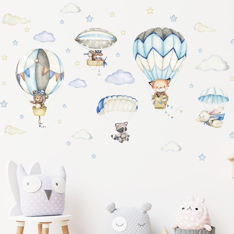 Cartoon Cute Animals Hot Air B - Baby Nursery Wall Mural ulasan dan harga