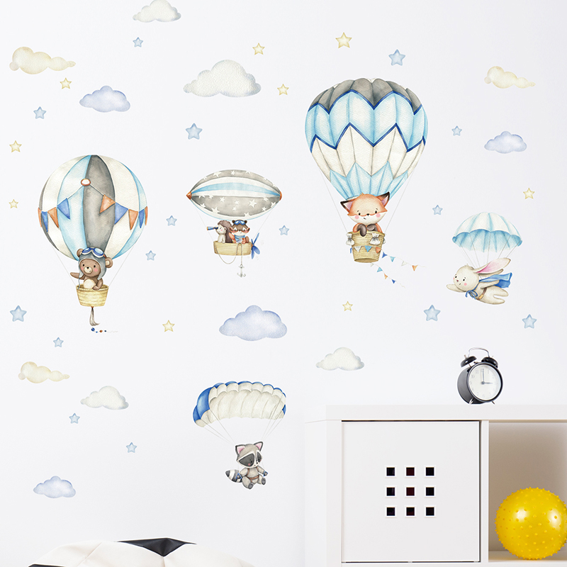 Cartoon Cute Animals Hot Air B - Baby Nursery Wall Mural ulasan dan harga