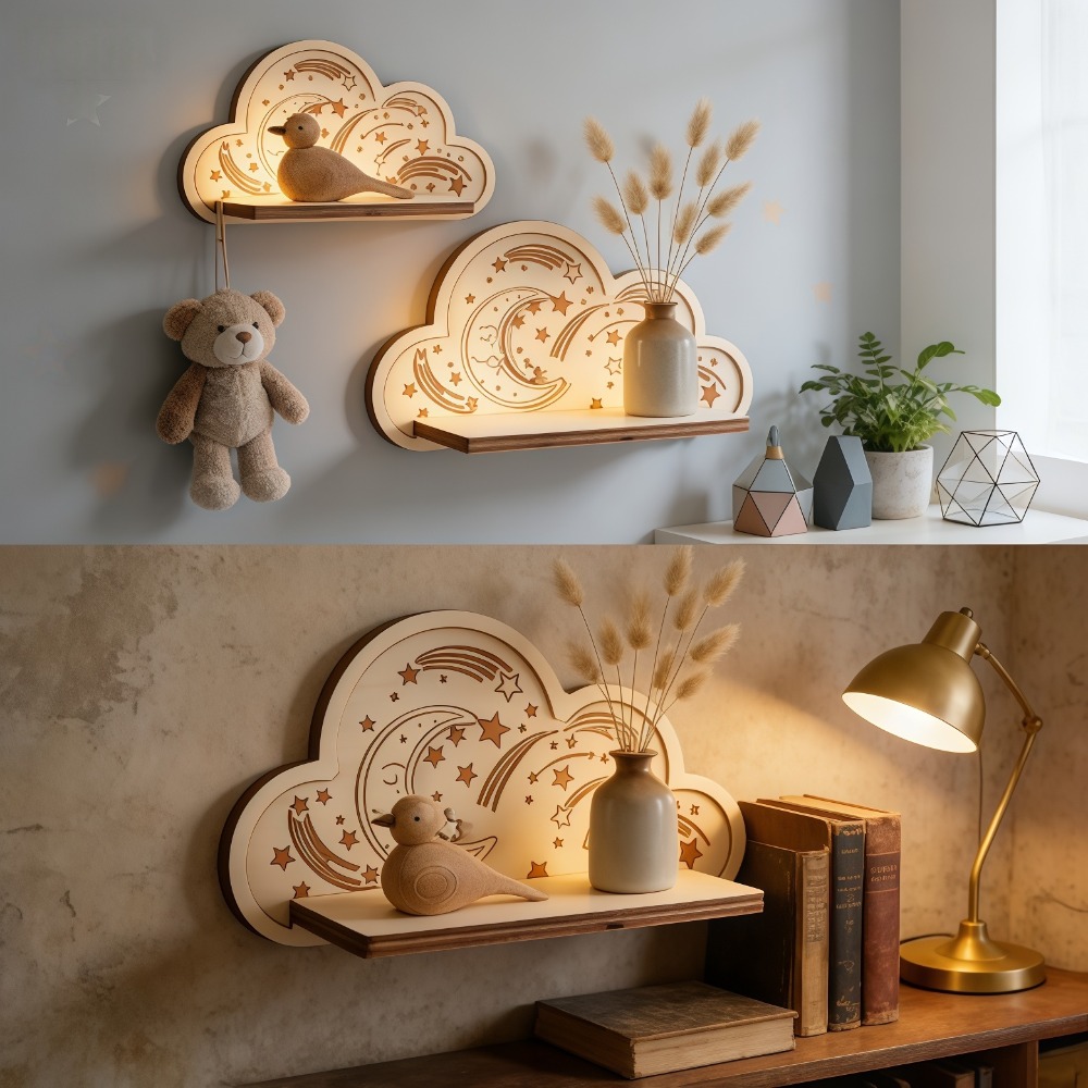 Wooden Cloud Wall Shelf Star M - Baby Nursery Floating Shelves ulasan dan harga