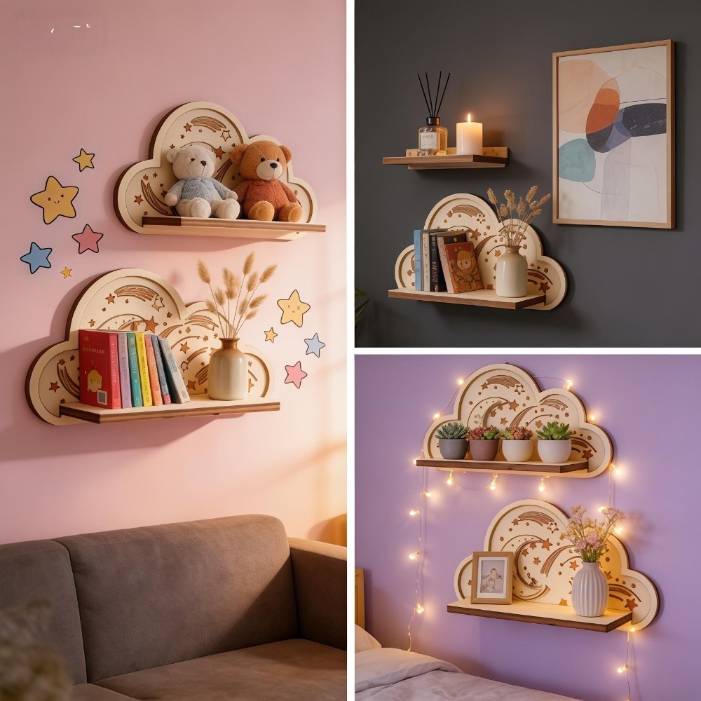 Wooden Cloud Wall Shelf Star M - Baby Nursery Floating Shelves ulasan dan harga