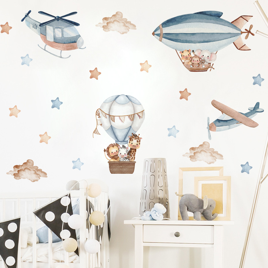 Watercolor Animals Hot Air Bal - Baby Nursery Wall Mural ulasan dan harga
