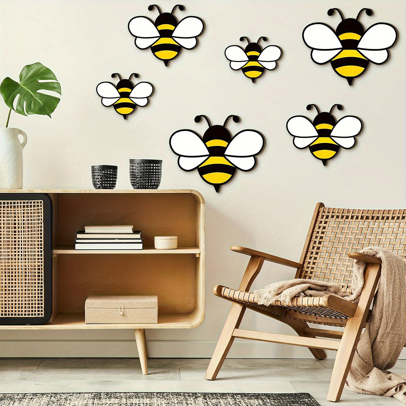 6Pcs Cute Bee Wooden Wall Stic - Baby Nursery Wall Mural ulasan dan harga