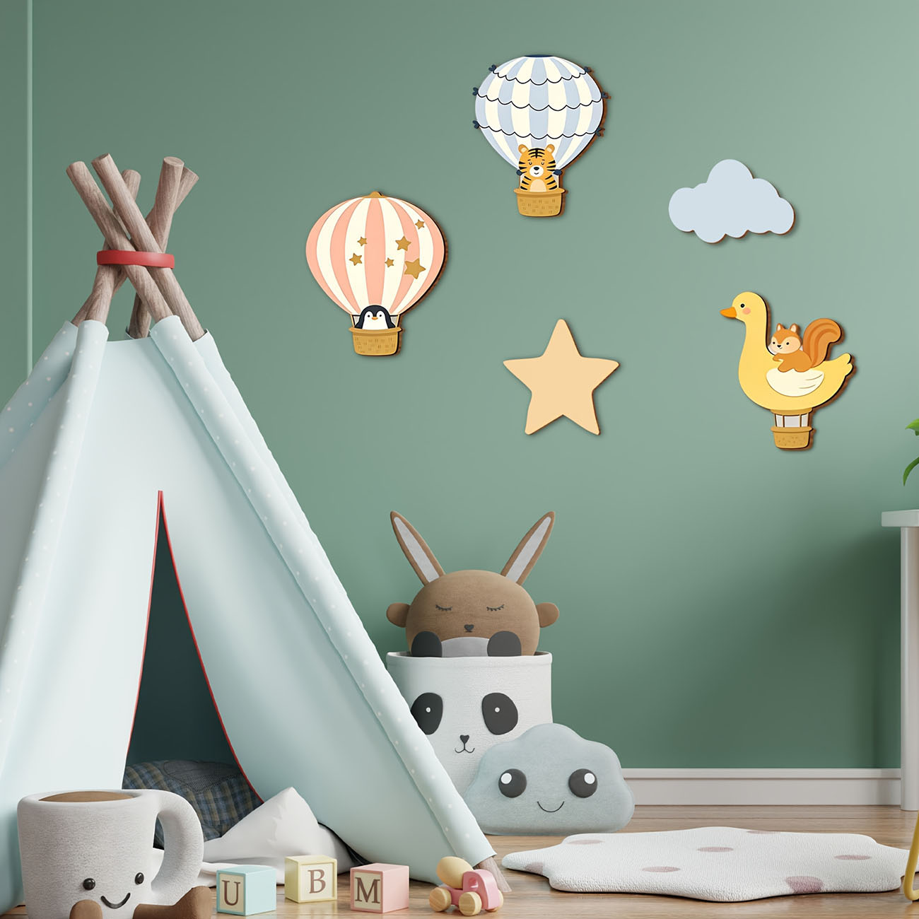 5Pcs Animal Hot Air Balloon Wo - Baby Nursery Wall Mural ulasan dan harga